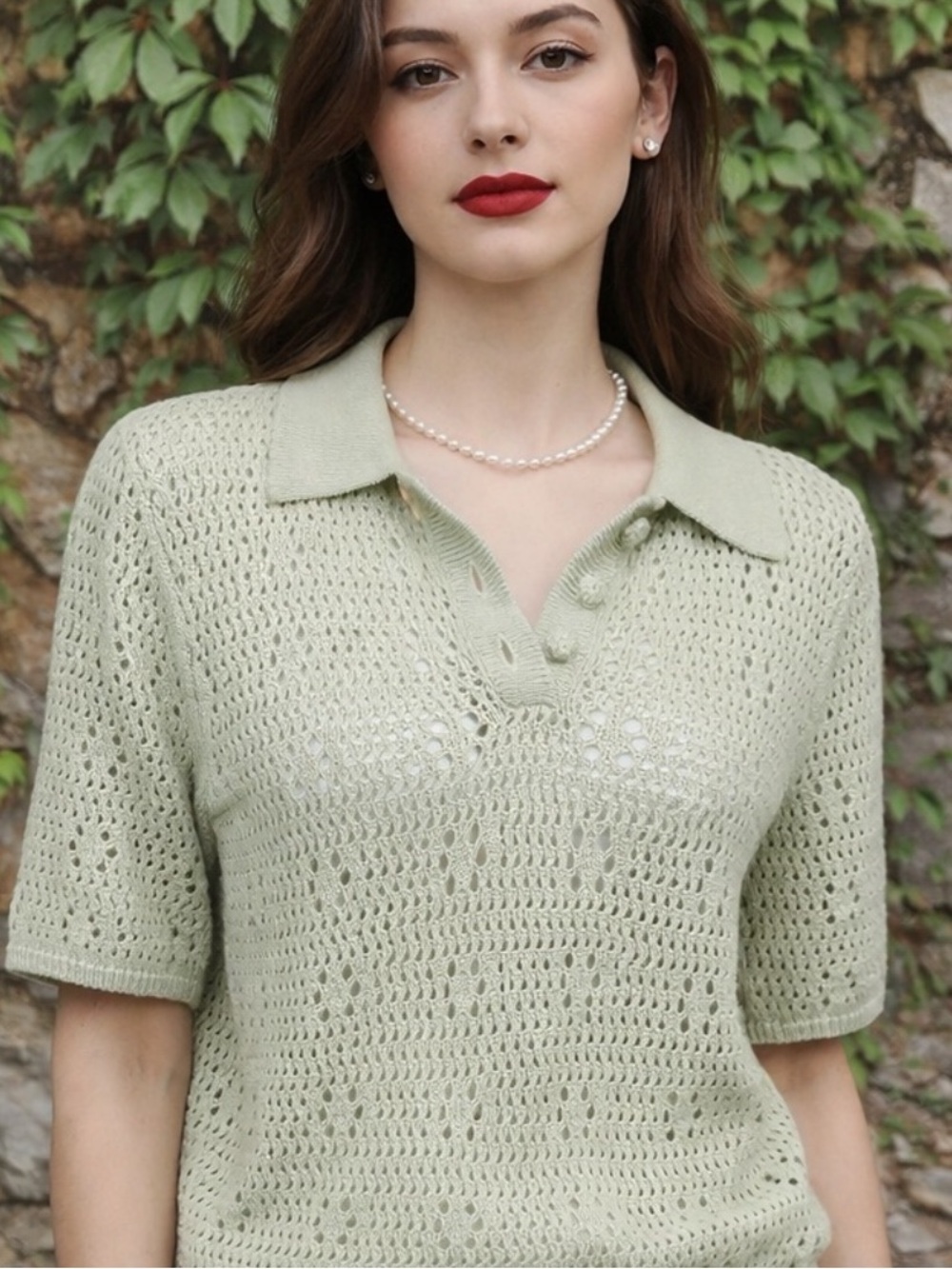 Mango Open-Knit V-Neck Button Sweater Dress in Light Olive